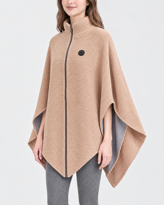 WovenWarm Heated Shawl in Beige — front view with silver zipper and one-touch heat button