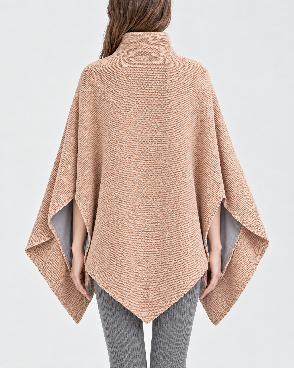 WovenWarm Heated Shawl in Beige — back view showing the cape drape