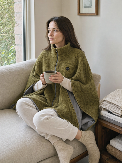 Woman relaxing on a sofa in the WovenWarm Heated Shawl in Olive Green, holding a warm mug