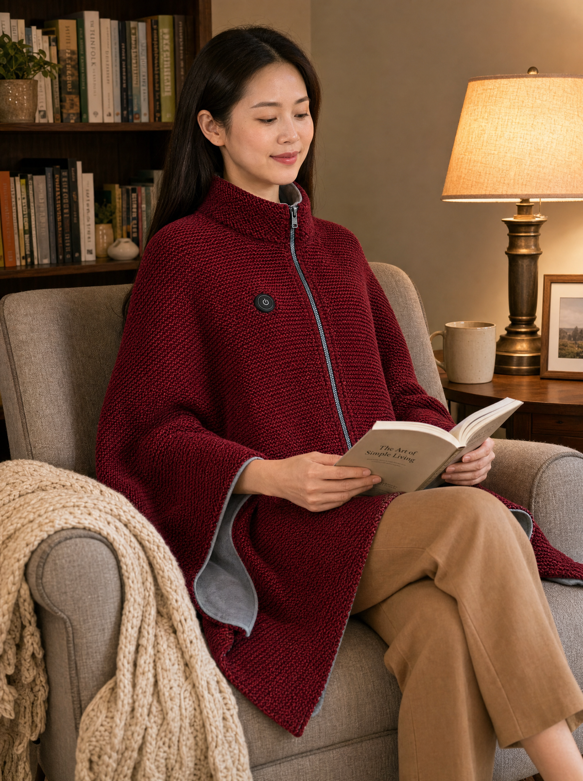 Woman reading in an armchair wearing the WovenWarm Heated Shawl in Wine Red