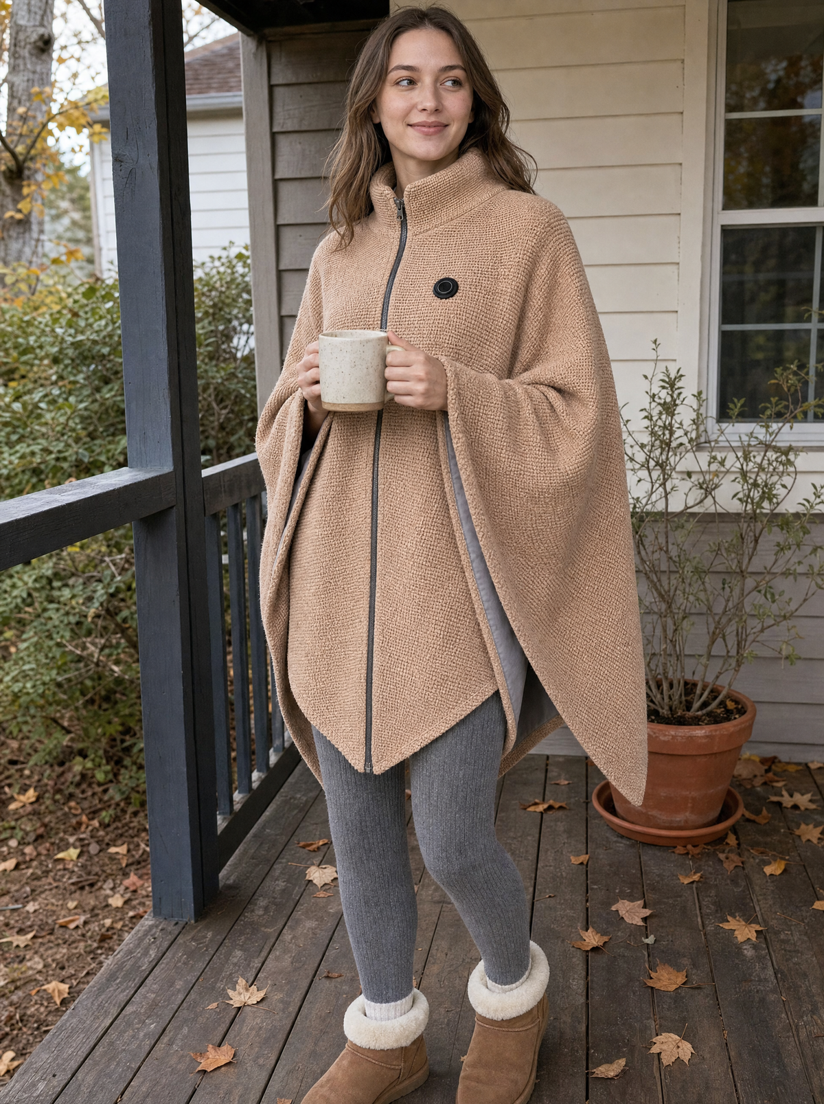Woman on a porch wearing the WovenWarm Heated Shawl in beige, holding a mug