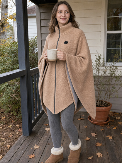 Woman on a porch wearing the WovenWarm Heated Shawl in beige, holding a mug