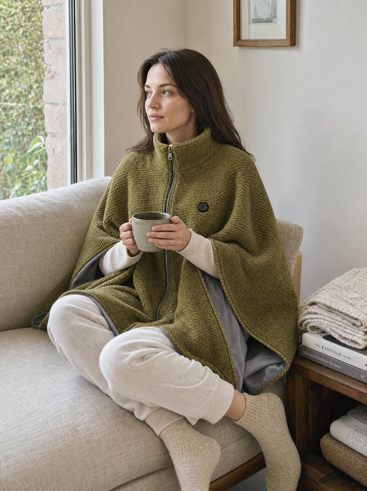 Woman relaxing on a sofa wearing the WovenWarm Heated Shawl in olive green